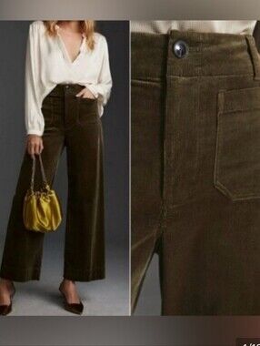 Anthropologie Maeve Olive Green The Colette Wide-Leg Corduroy Pants Sz. 28"